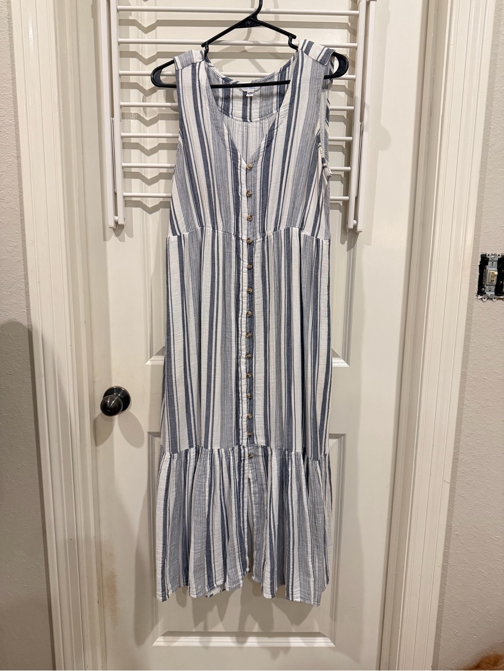 Time and Tru White and Bluish Gray Vertical Stripe Button-Front Maxi Dress